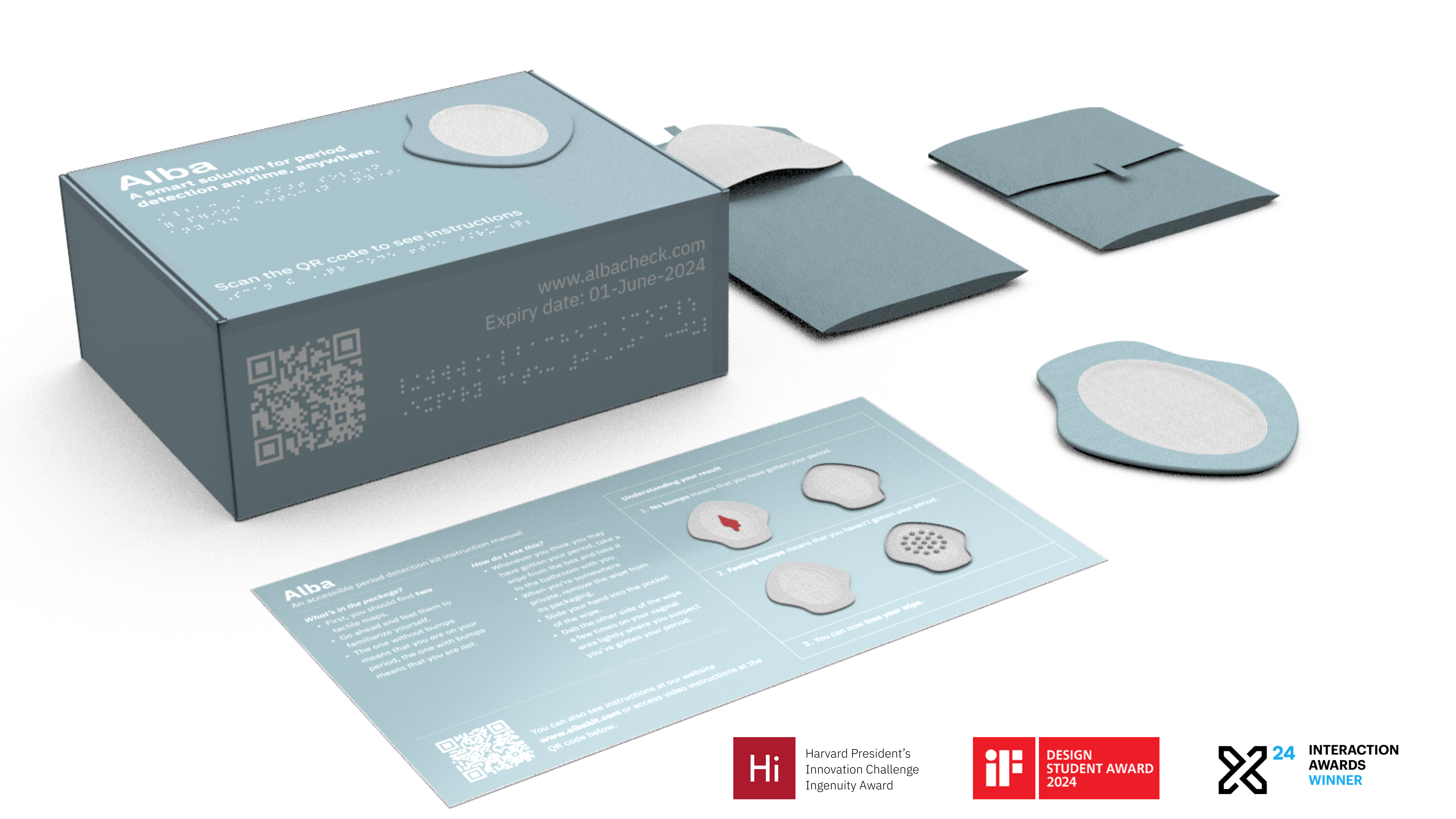 Packaging for Alba, a tactile menstrual wipe