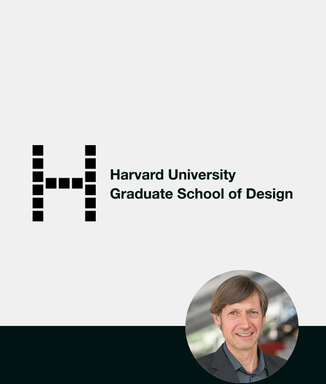 The Harvard University Graduate School of Design logo on a grey square, with a headshot of program co-director Martin Bechthold smiling in a small circle underneath.
